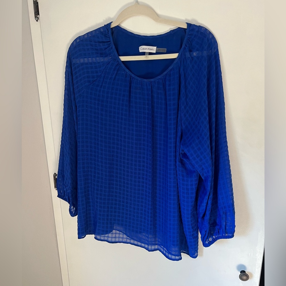 Calvin Klein Shirred Sheer Check Blouse